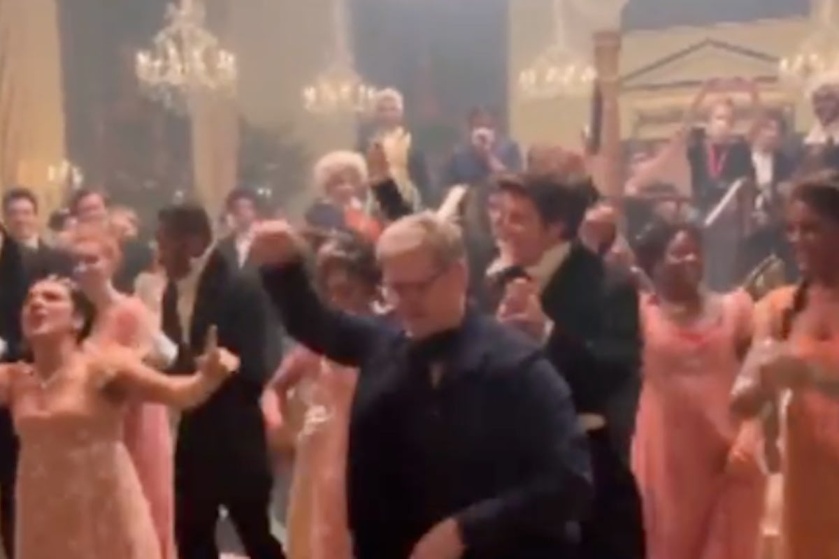 The Bridgerton Season 2 cast and crew dancing at the wrap party