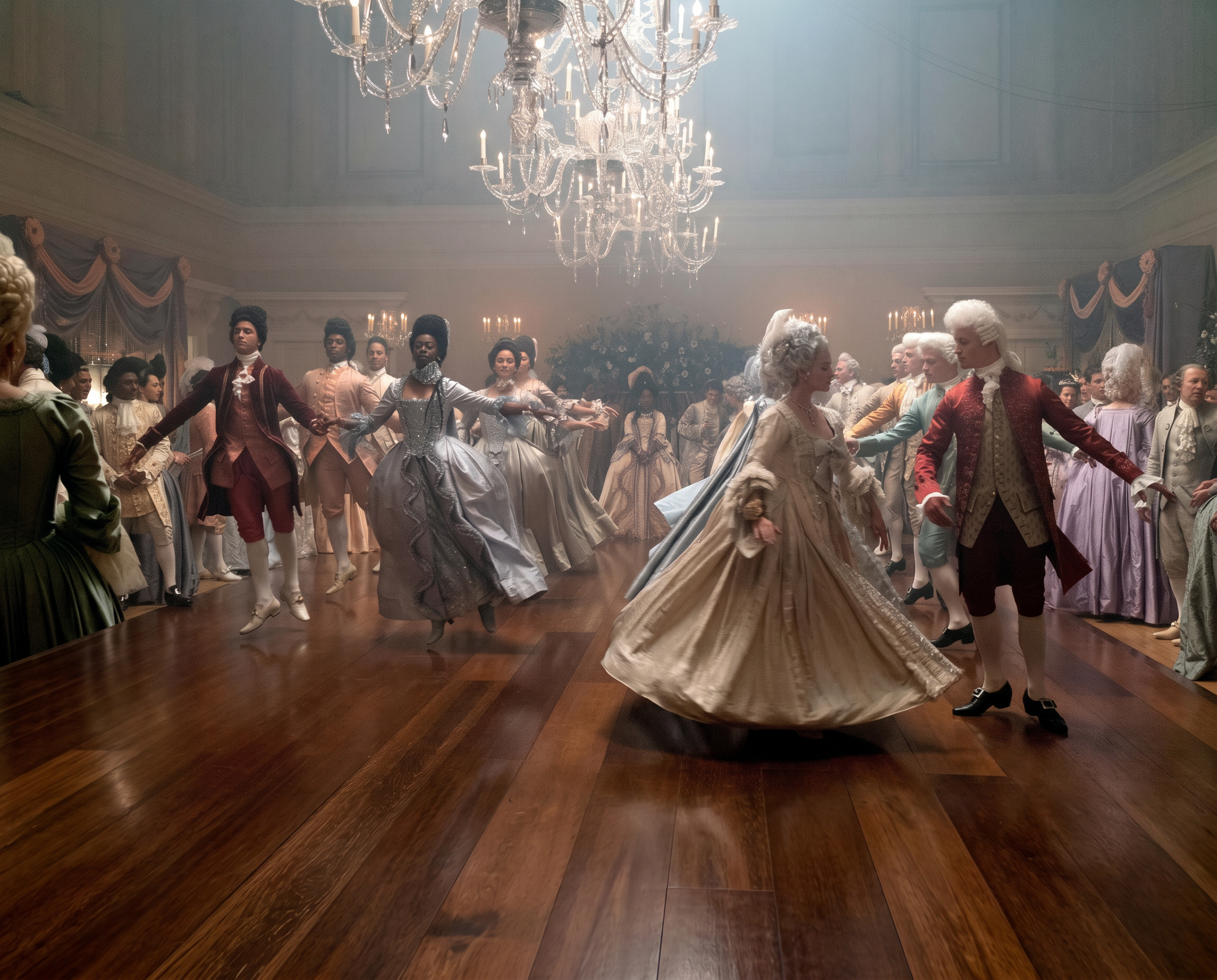 Bridgerton ballroom scene with dancers in period costume beneath a crystal chandelier