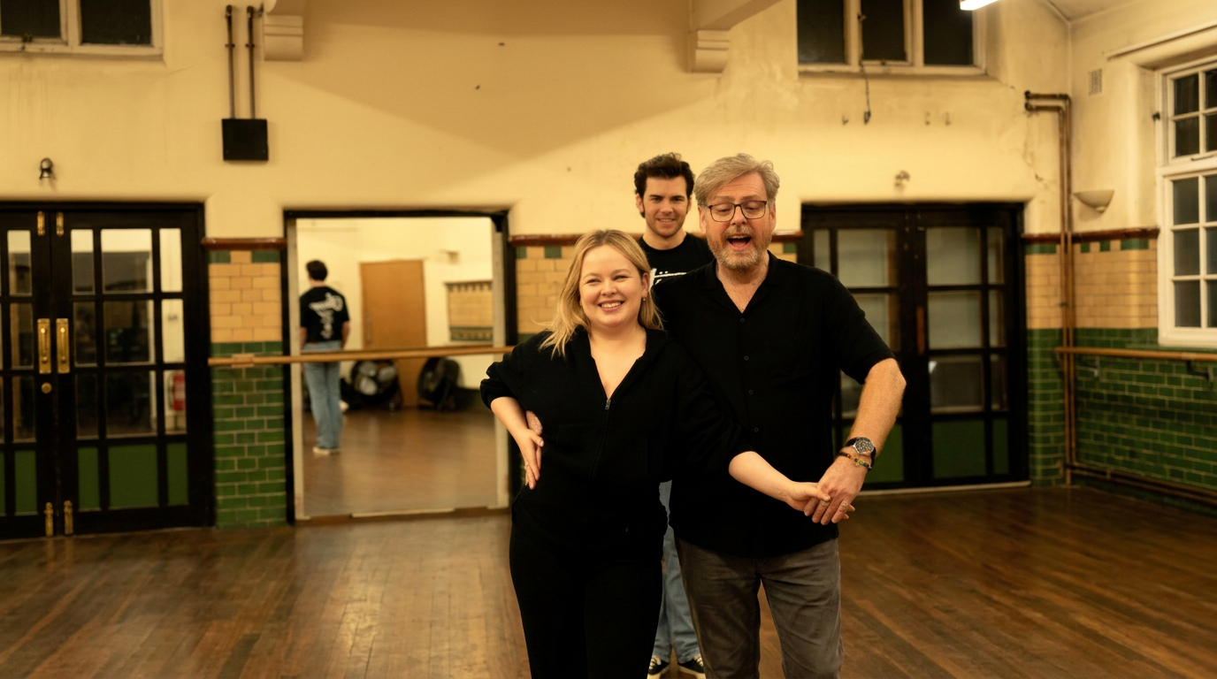 Jack Murphy in a rehearsal studio with two performers